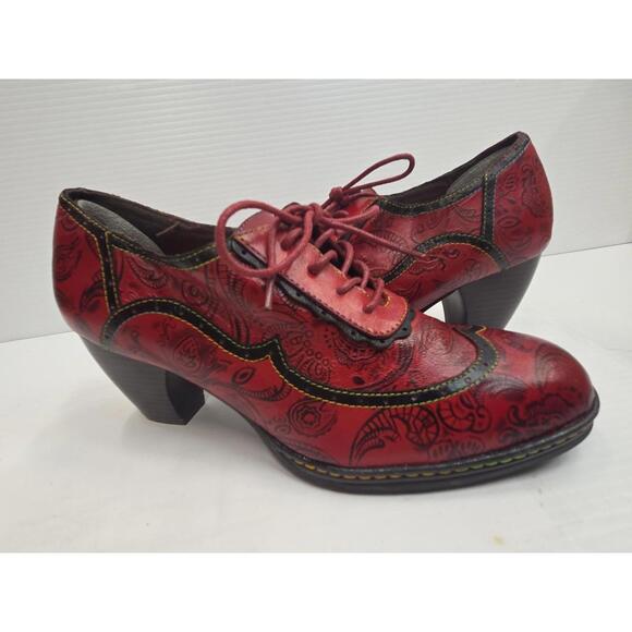 Red Paisley Heel Shoes Womens Size 39 US 8 Lace Up Leather Print Vintage Style - Picture 5 of 13